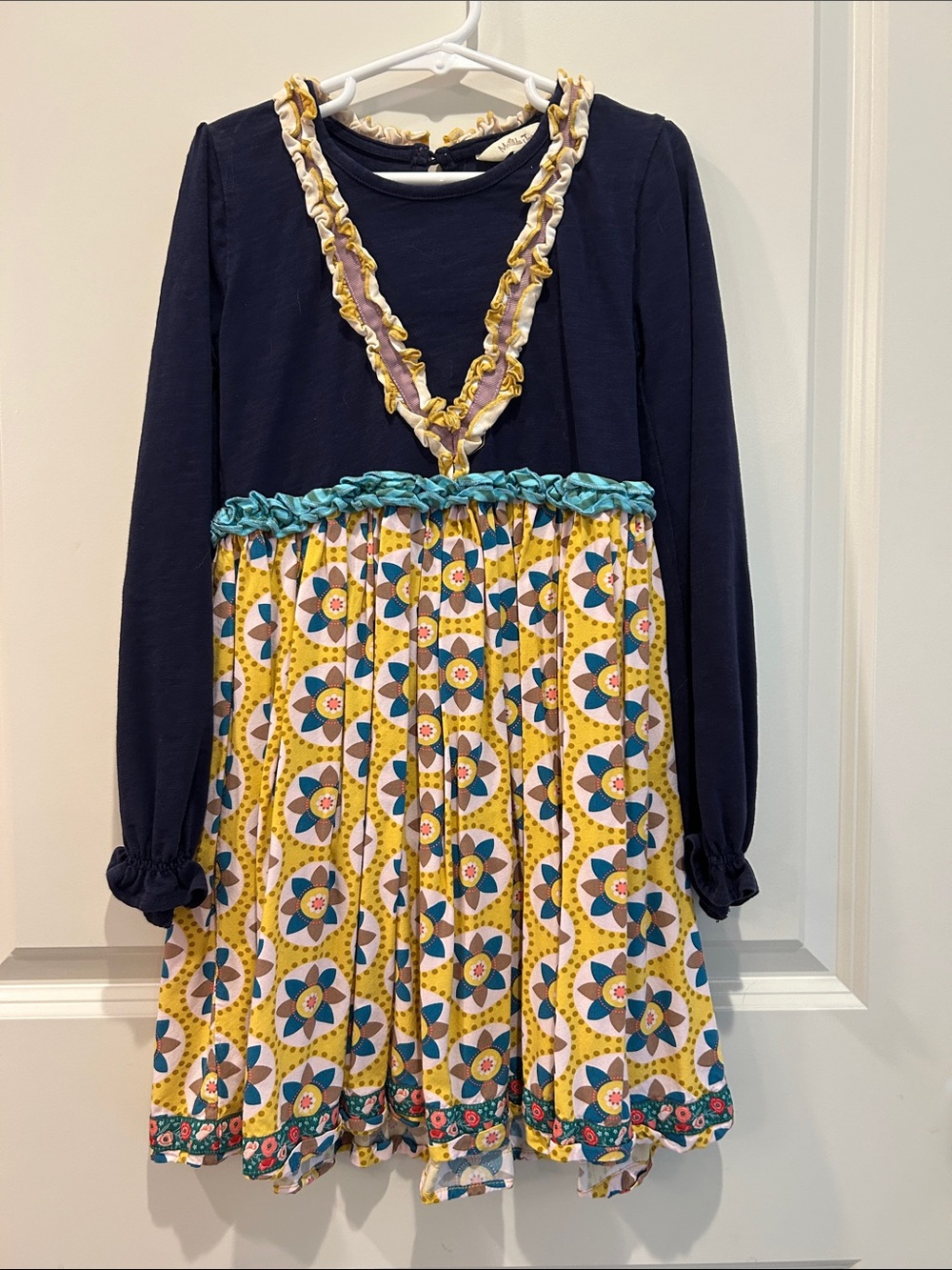 Matilda Jane Girls Navy and Mustard Floral Pattern Long-Sleeve Dress, sz 8